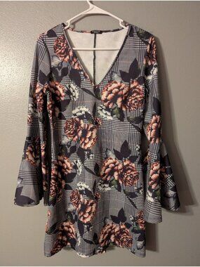Lanca Perfume Womens Medium Floral Houndstooth Bell Sleeve Shift Mini Dress